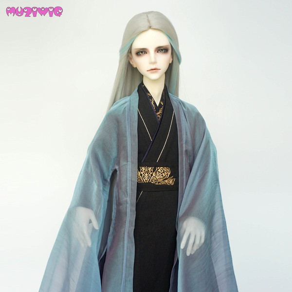 MUZIWIG Synthetic Long Straight Silver Gray Blue Wigs for 1/3 1/4 1/6 BJD Dolls Wigs Accessories