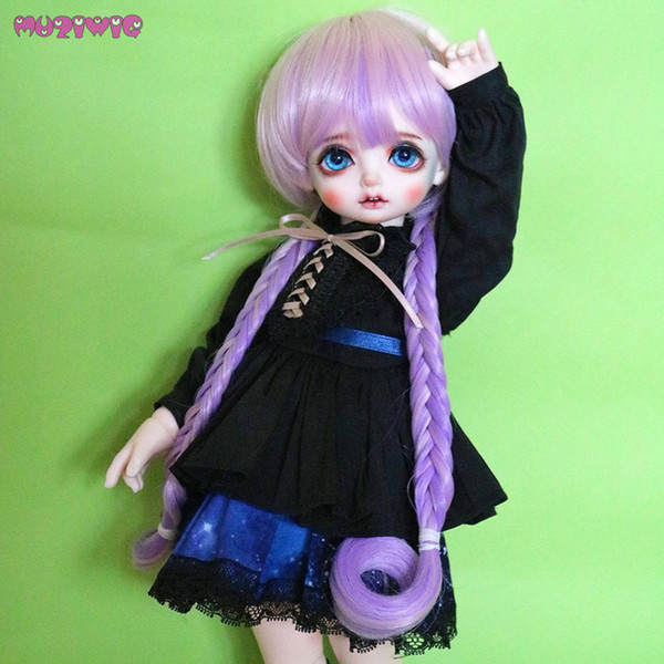 MUZIWIG Synthetic Fiber Pink Purple Ombre Hair Wigs with Double Ponytail for 1/3 1/4 1/6 BJD Dolls Wigs Only