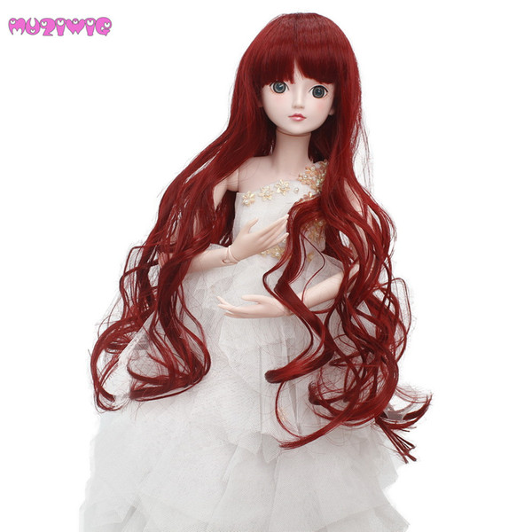MUZIWIG Long Wine Red Natural Wave Wigs for BJD Dolls