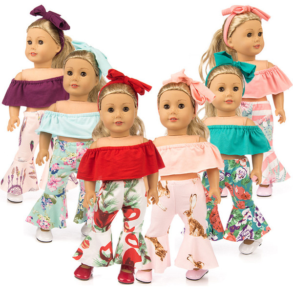 Off Shoulder Cloth Bell Bottomed Pants Hair Band Sets Outfit Suit for 18 Inch Doll Clothes American Girl Doll