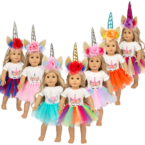 2019 New Style Rainbow Unicorn Headband Dress Colorful Pettiskirt Party Dress 18 inches American girl birthday princess dress doll clothes