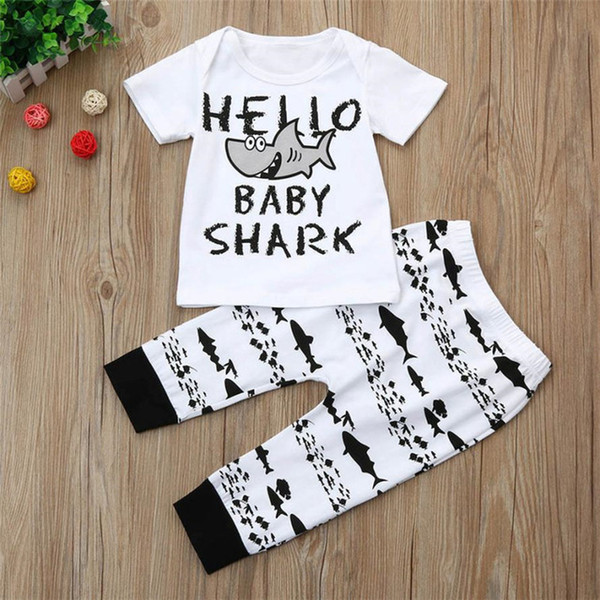 2PCS Newborn Baby Boys Girl T-shirt Tops+ Pants Sets Clothes Summer Short Sleeve Letter Shark Casual Clothes Outfits Gifts #30