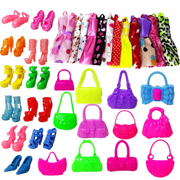 22 Pcs = 12Handmade Mini Dress Doll Clothes Short Skirt + 5 Doll Bag + 5Accessories Shoes Dollhouse For Barbie Doll Kid Toy Gift