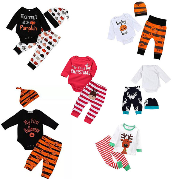 2017 Over 40 styles XMAS INS NEW Baby Baby Girls Christmas hollowen Outfit Kids Boy Girls 3Pieces set T shirt + Pant + Hat 0-2Years Free