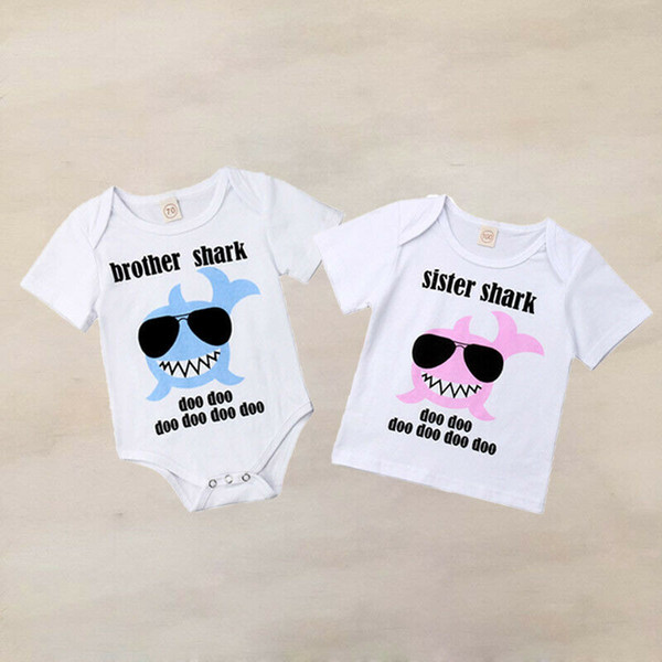 Sister Brother Matching Outfits Baby Boys Girls Brother Romper Sister T-shirt Cotton Short Sleeve Shark Printed Summer Clothes