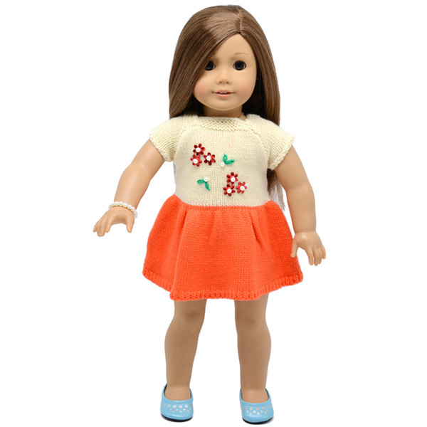 18 inch American Girl doll clothes orange sweater dress with Pearl bracelet for child party gift toys--Doll Clothes Accessories