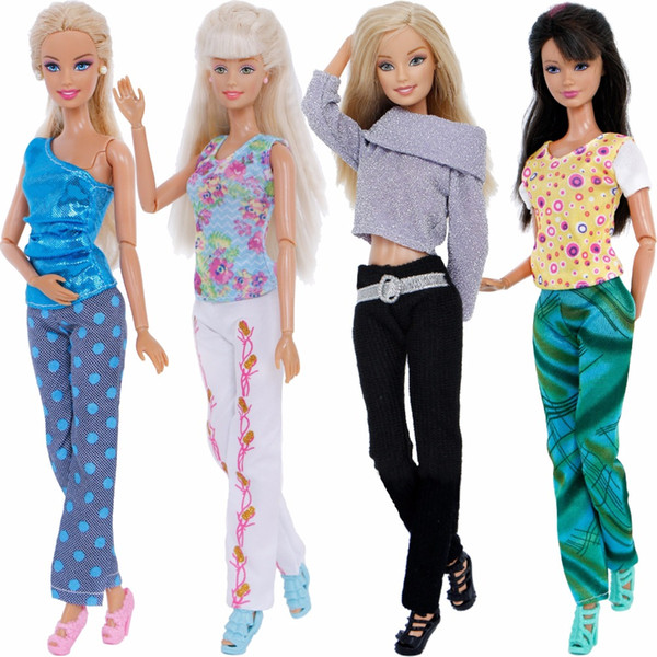 4 Pcs / Lot Fashion Mix Style Outfits Daily Casual Wear Floral Print Tops Trousers Clothes For Barbie Doll 12'' Accessories Gift