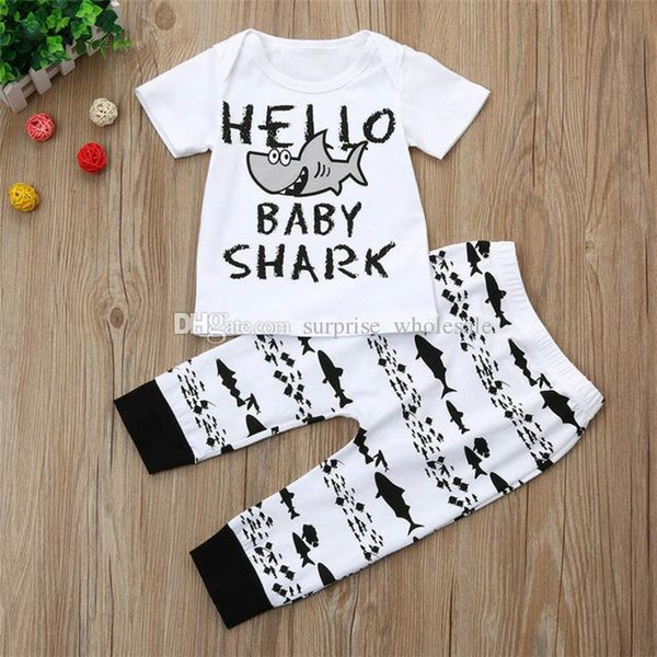 2PCS Newborn Baby Boys Girl T-shirt Tops+ Pants Sets Clothes Summer Short Sleeve Letter Shark Casual Clothes Outfits Gifts #30