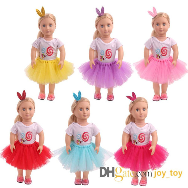 Summer T Shirt Mesh Skirt with Rabbit Bunny Hairpin Doll Dress Cloth for 18 inch Doll American Girl Doll