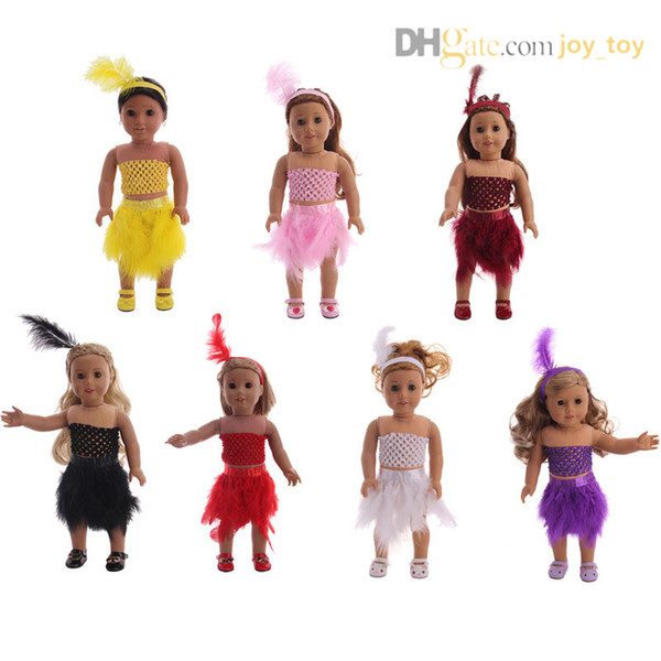 Hand Made Feathers Dress Skirt Summer Camp Fancy Dress plume Skirt Cloth with feather hair band for 18 inch American girl doll