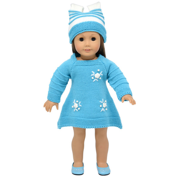 18 inchs American Girl doll clothes blue sweater dress with hats for child party gift toys--Doll Clothes Accessories