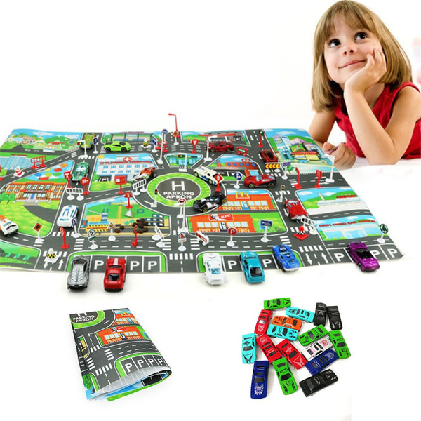 10Pcs Cars &1Pcs Map 83*58CM City PARKING LOT Roadmap Alloy Toy Model Car Climbing Mats English Version Gifts for Kids