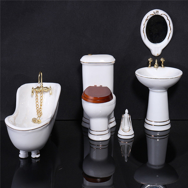 1/12 Gold-rimmed Bathroom Set Dollhouse Miniature Furnishings Bathtub Commode Furniture Decor For Doll houses