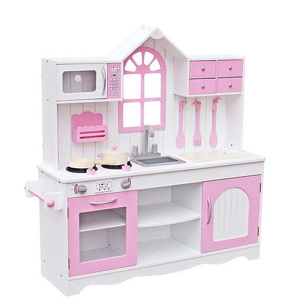 Kids Wood Kitchen Toy Cooking Pretend Play Set Toddler Wooden Playset with Kitchenware Pink For Christmas Gifts