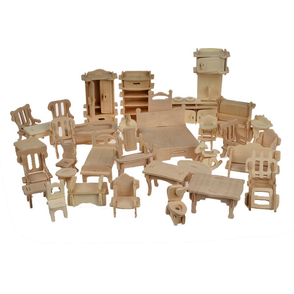 1SET=34PCS , Wooden Doll House Dollhouse Furnitures Jigsaw Puzzle Scale Miniature Furniture Models DIY Accessories Set