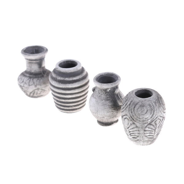 Mini 4pcs/lot Dollhouse Vases Miniatures Gray Ceramic Porcelain Vase Pot Room Ornament Set