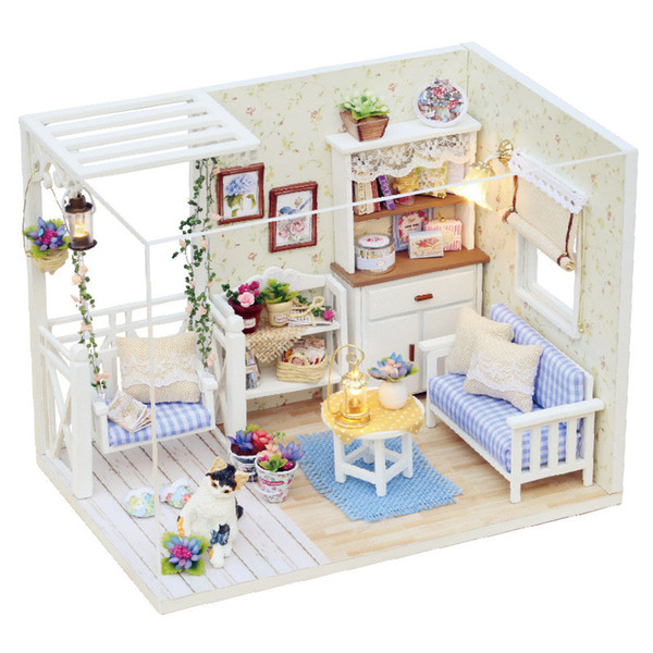 Wholesale- Doll House Miniature DIY Dollhouse With Furnitures Wooden House Waiting Time Toys For Children Birthday Gift K0227