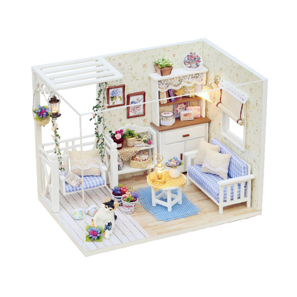 H - 013 DIY Wooden Doll House Furniture Handcraft Kit with Cover LED Light - Cat Diary