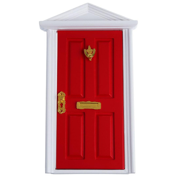 1/12 Dollhouse Miniature 4-Panel Exterior Wooden Door Steepletop with Hardware Knockplate Letter Slot Outward Open - Red