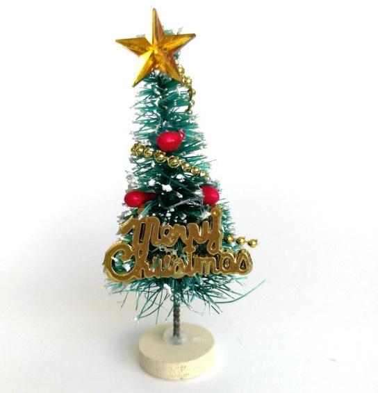 Merry Christmas Mini Artificial Pine Trees with Wood Look Base Holder for Christmas Party and Baby Kids Dollhouse Decoration