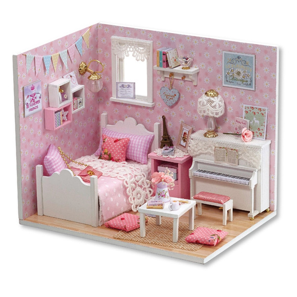 Wooden Dollhouse Pink Miniatures DIY House Kit With Cover and Led Light-Blossom Age for Girls Kids Children