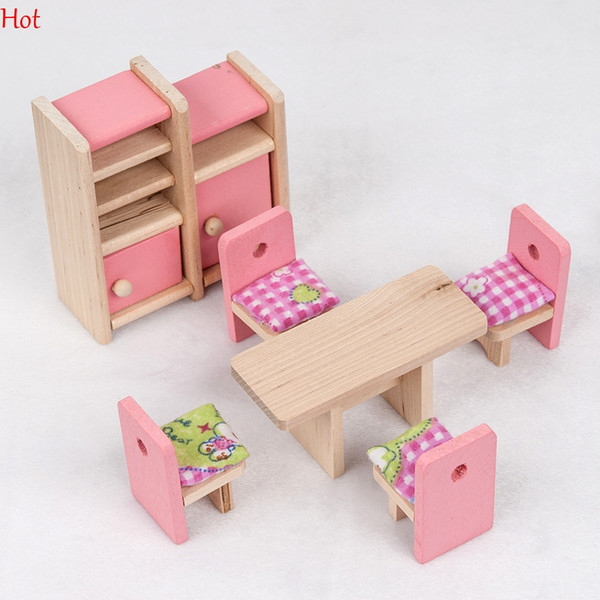 Pink Wooden Dinning Dolls House Furniture Room Dollhouse Miniature For Kids Toys Furniture Kitchen DIY Doll Houses Chileren Gift 2091379