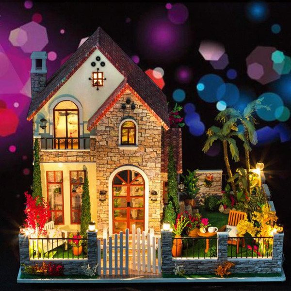 Wholesale- Home Decoration Crafts DIY Doll House large Wooden Dolls House 3D Miniature Model Kit dollhouse Furniture Room LED Light k007