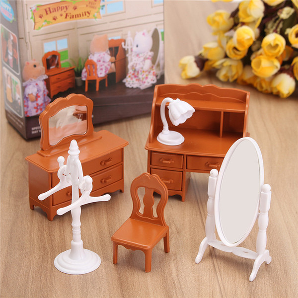 New Vintage Miniature Bedroom Furniture Set Dresser Desk Mirror Furniture Toys Set for Kids Christmas Gift Dollhouse Accessories