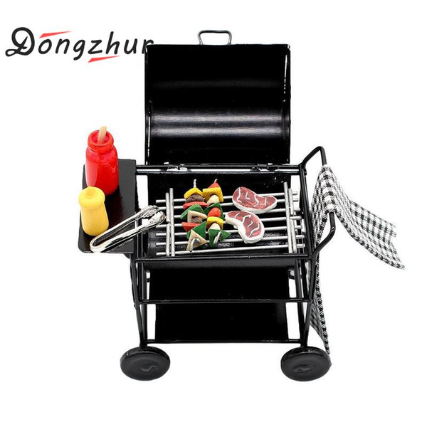 Dongzhur Mini Black Bbq Car And Set 1:12 Doll House Accessories Delicate Simulation Decorations Doll House Scene Bbq Set