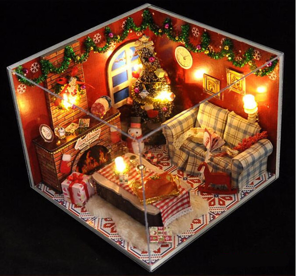 DIY Wooden Dollhouse LED Doll House Miniature Kits Christmas Living Room with Cover