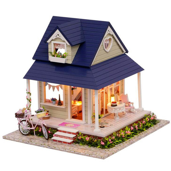 Wholesale-CuteRoom DIY Handmade Wooden Dollhouse Miniature With House Furniture Toy Gift For Children Bicycle Angle Kit Gift For Children