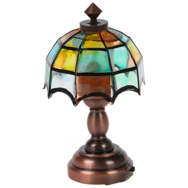 Bronze Metal 1:12 Dollhouse Miniature LED Desk Lamp Model with Multicolor Umbrella Shape