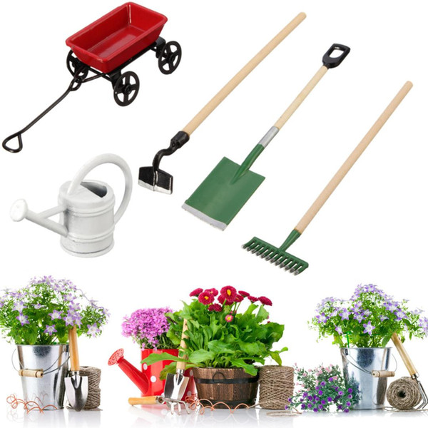 DIY Miniatura Metal Watering Can Pulling Cart Spade Rake Garden Tools Toys For Children Dolls House Miniatures Accessories Set