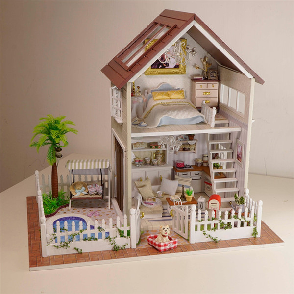 Wholesale- Assembling Diy Doll house Wooden Doll Houses Miniature Furniture Kit Room Led Lights Kids Birthday Gift K0203