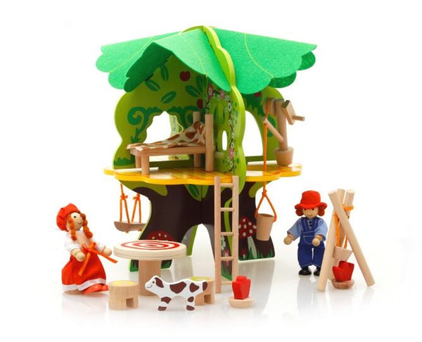 Deluxe Gift Wooden Treehouse Playset Tree House with 2 Dolls Furniture and Accessories Kid Children Educational Toys