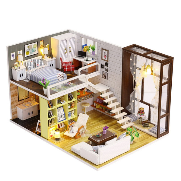 iiecreate DIY Wooden House Toy Wooden Miniatura Doll Houses Miniature Dollhouse toys With Furniture LED Lights Birthday Gift