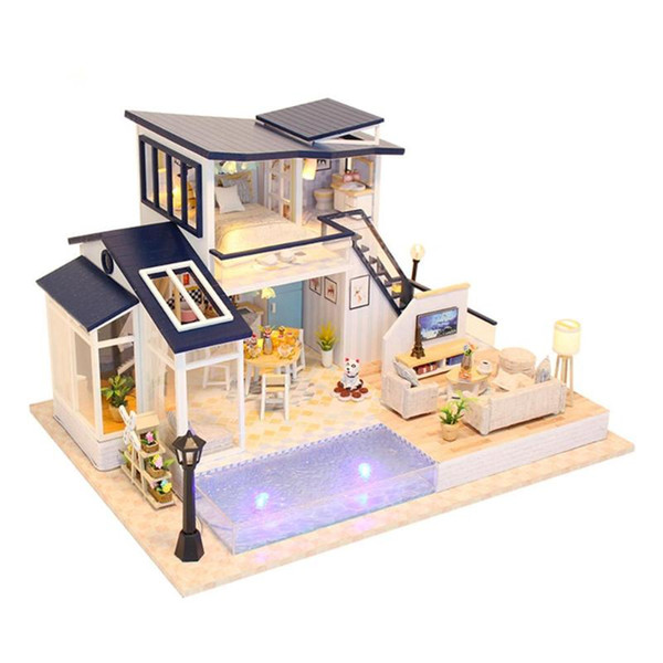 Creative Blue Home DIY Puzzle Assemble Doll House Miniature Wood House Toys for Children Birthday Gifts