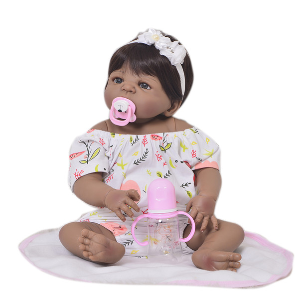 Collectible 23 Inch Reborn Baby Doll Full Body Silicone 57cm Realistic Black Skin Baby Doll Girl Kid Birthday Gift Fake Baby Toy