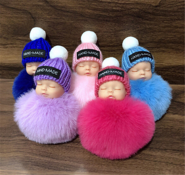 Hot sale Cute Sleeping Baby Doll Keychain Pompom Rabbit Fur Ball Key Chain Car Keyring Women Key Holder Bag Pendant Charm Accessories