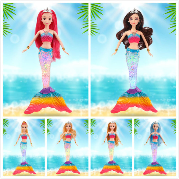 Wholesale Baby Girls Glowing Fish Tail Mermaid Dolls Toys Cute 3D Lenses Eyes Mermaid Dolls Toys Colorful With Light Music Doll Girls