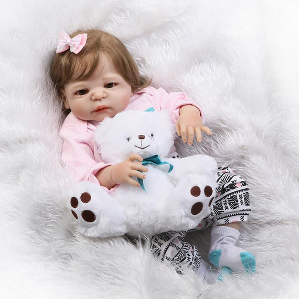 NPK 57CM Reborn Baby Doll Children Bath Toys + Soft Toy Bear Full Body SIlicone Bebe Reborn Realista Bonecas Girl Kids XMas Gift