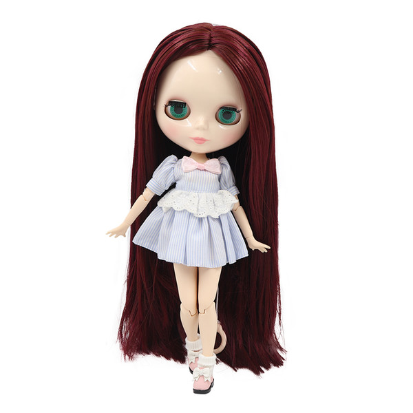 Blyth nude doll with Wine red soft long straight hair With/No Bangs 30 cm high Joint Body White skin glossy face DIY bjd toys