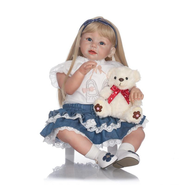 70cm Lifelike Reborn Baby Realistic Soft Silicone Toddler Girl Dolls Blonde Long Hair for Women Girls Gift