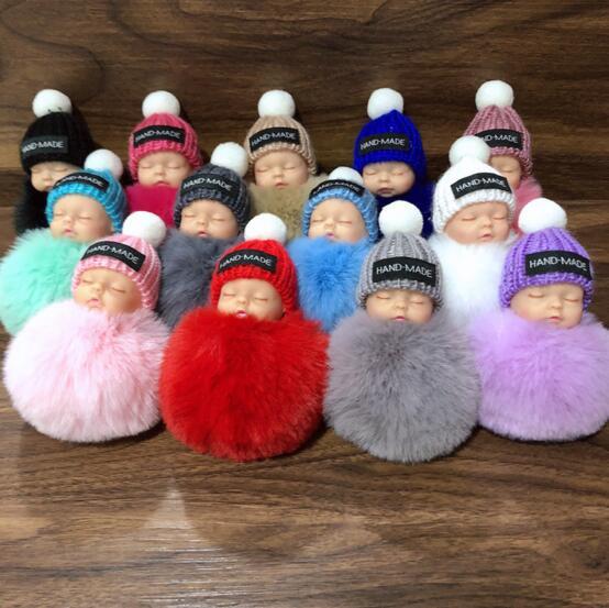 Cute Sleeping Baby Doll Keychain Pompom Rabbit Fur Ball Key Chain Car Keyring Women Key Holder Bag Pendant Charm Accessories