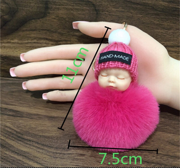 New Hot Cute Sleeping Baby Doll Keychain Pompom Rabbit Fur Ball Key Chain Car Keyring Women Key Holder Bag Pendant Charm Accessories