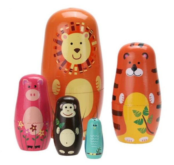 1Set=5PCS Handmade Cute Wooden Animal Paint Nesting Dolls Babushka Russian Doll Matryoshka Gift Craft Decoration Christmas Gifts