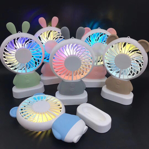 Portable Cooling Fan Rabbit Bear with Colorful Light Handheld Mini Air Cooler Battery Built in USB Rechargeable Cartoon Fans Kids Gift