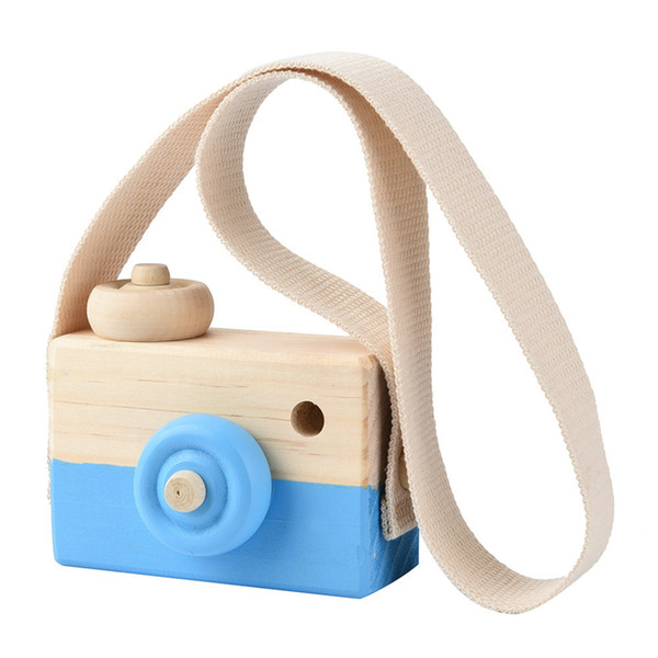 Wholesale- Hot Blue Wooden Toy Camera Kids Creative Neck Hanging Rope Toy Photography Prop Gift Drop Shipping Super Eye Catching Camera