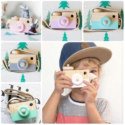 New Children Kids Cute Wood Camera cute adorable Toy Xmas Baby Room Decor Natural Wooden Toy with Neck lanyard multicolor