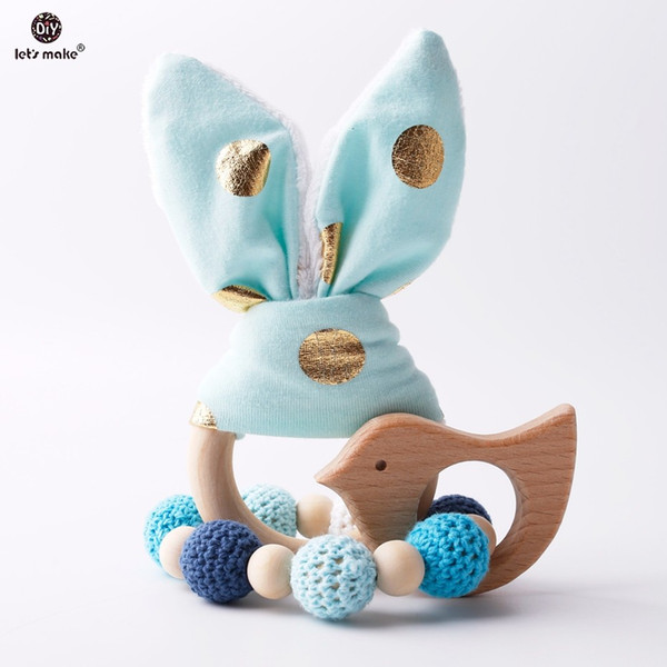 Let's Make 2pc/1lot Baby Teether Bunny Ear DIY Teething Wooden Bracelets Made Beech Animals Shower Gift Play Gym Toy Baby Rattle